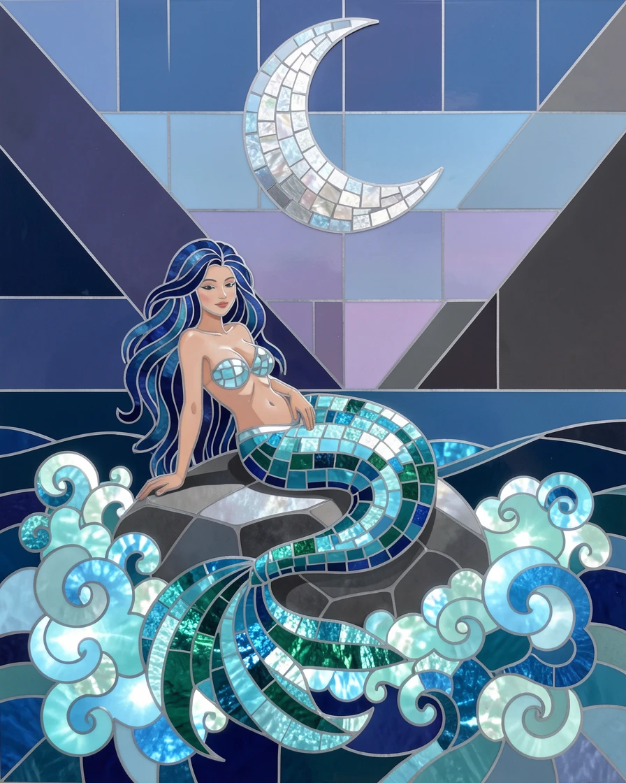A mermaid resting on a moonlit rock surrounded by glowing sea foam.