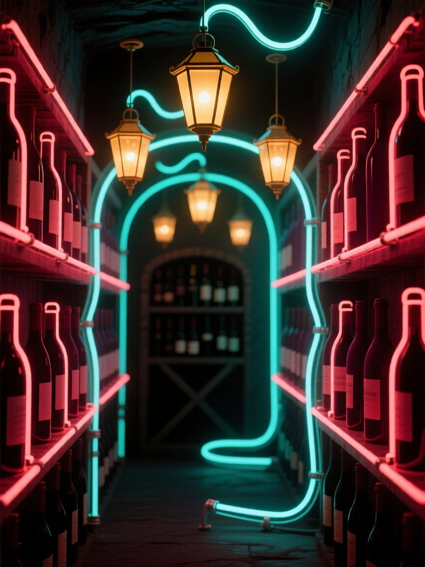 A wine cellar with rows of dusty bottles lit by hanging lanterns.