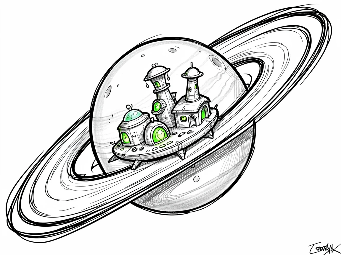 A moon base with glowing dome windows near the rings of a giant planet.