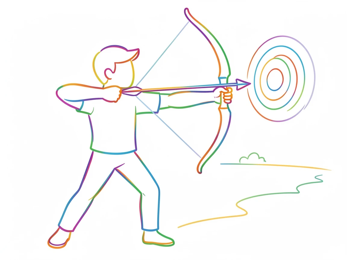 A person practicing archery, arrow drawn and aimed at a distant target.