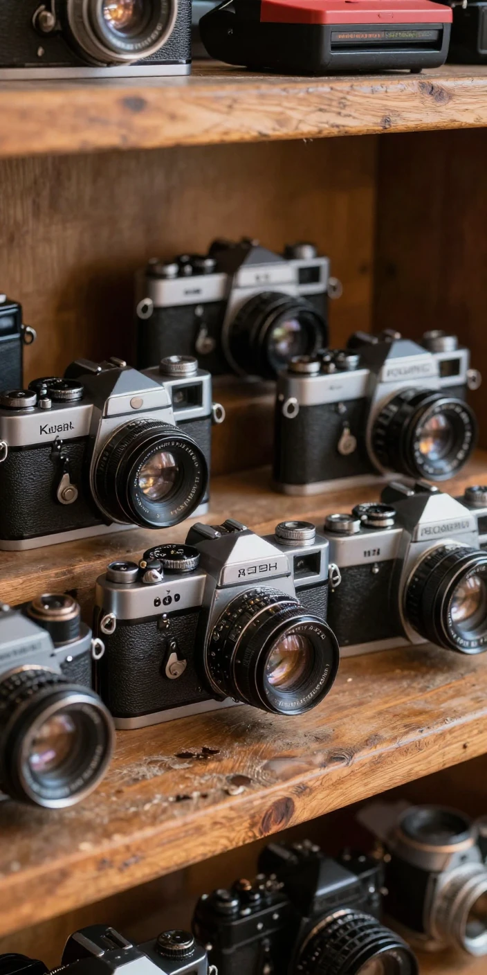 A collection of vintage cameras displayed on a wooden shelf