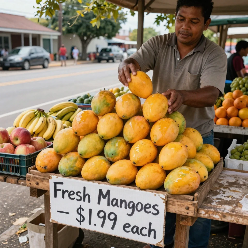A fruit seller arranges glossy mangoes into a pyramid at a roadside stall.
