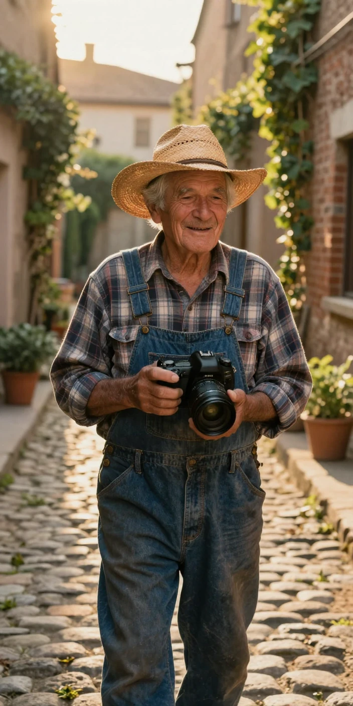 An elderly farmer humming a gentle tune while working in a narrow cobblestone alley, a gentle smile crossing their face