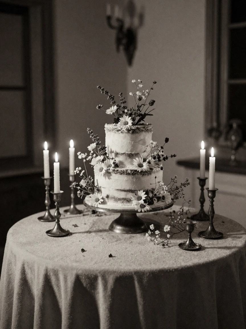 A wedding cake table decorated with fresh wildflowers, under flickering candlelight, with frost coating every surface, in the mild days of early autumn, with stark black-and-white contrast softened by a single warm hue, viewed from across the room.