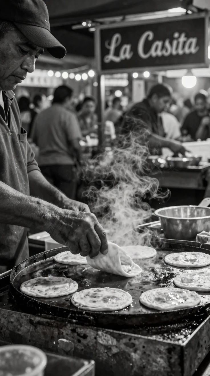 A street vendor flips fresh tortillas on a hot griddle at a lively night market.