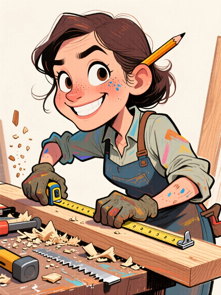 A carpenter measuring a plank of wood, pencil behind her ear, sawdust on the workbench.