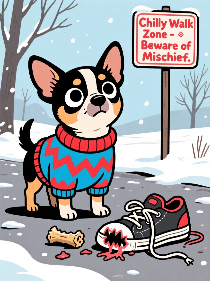 A playful pet moment featuring a wide-eyed chihuahua wearing a tiny knitted sweater on a chilly walk, with a guilty look and a chewed-up shoe nearby.