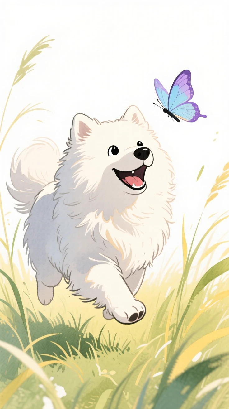 A fluffy samoyed chasing a butterfly through tall grass