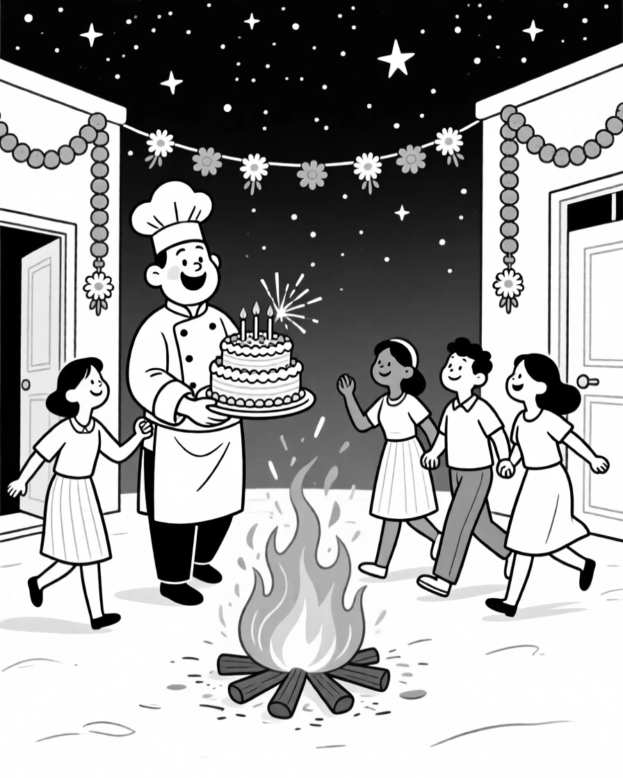 A baker proudly displaying an elaborate celebration cake, linking arms and stepping in perfect unison, set around a roaring bonfire under starry skies. Strings of marigolds hang from every doorway. The image feels like a snapshot of pure, collective happiness.