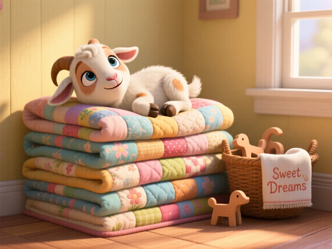 A baby goat is dozing on a stack of folded quilts, looking up with big curious eyes. The scene feels warm and heartwarming, with soft shadows framing the scene.