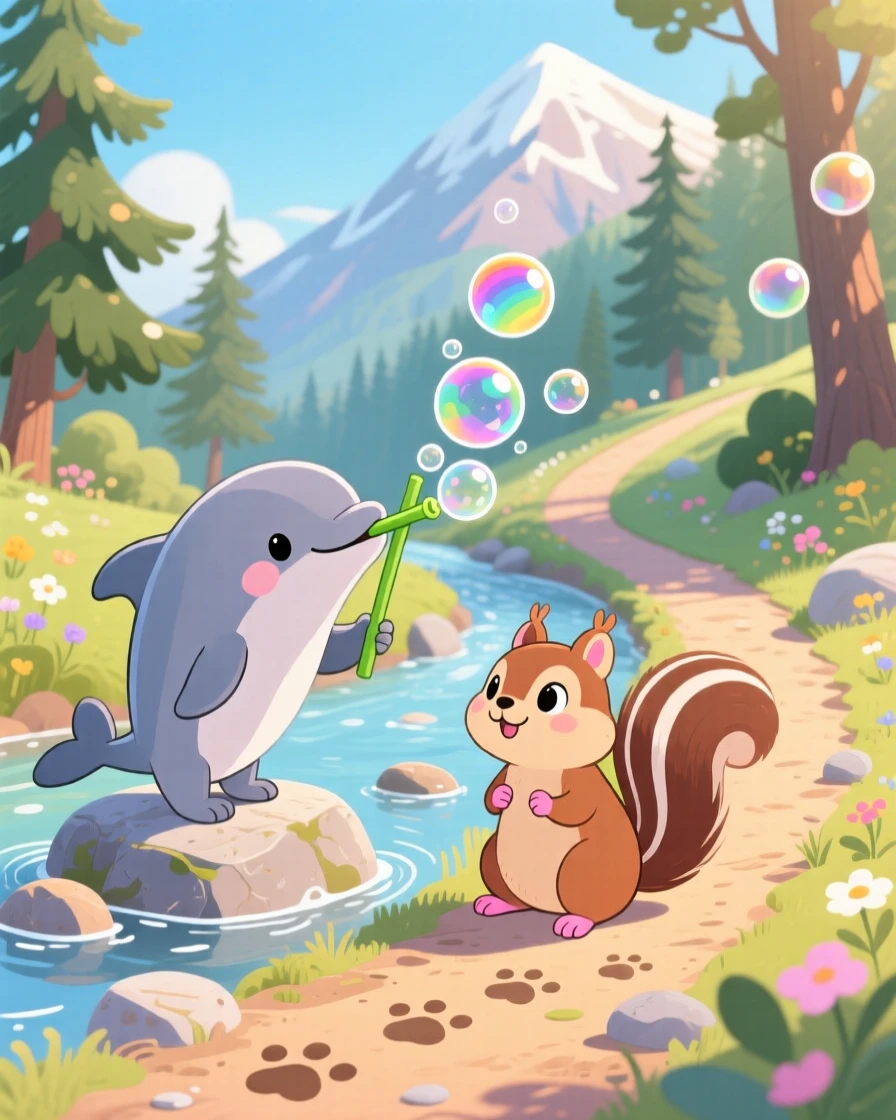 Near a winding mountain trail, a playful dolphin calf is blowing bubbles with a reed alongside a small woodland friend, with tiny paw prints trailing behind.