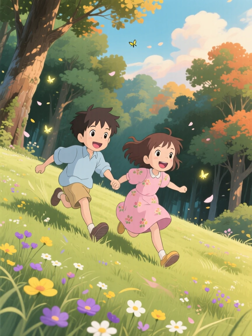 Siblings rolling down a grassy hill together, laughing, the moment warmly nostalgic.