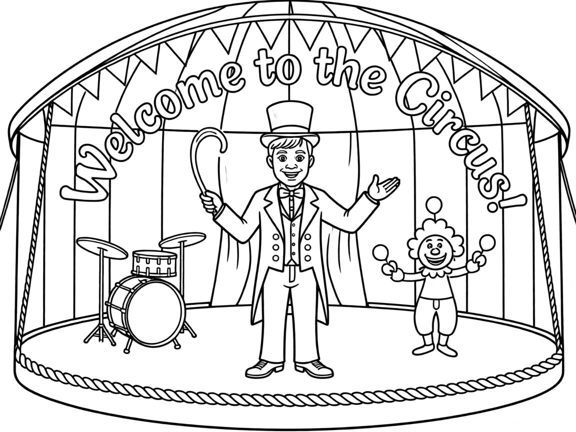 A circus ringmaster introducing acts under a big top tent