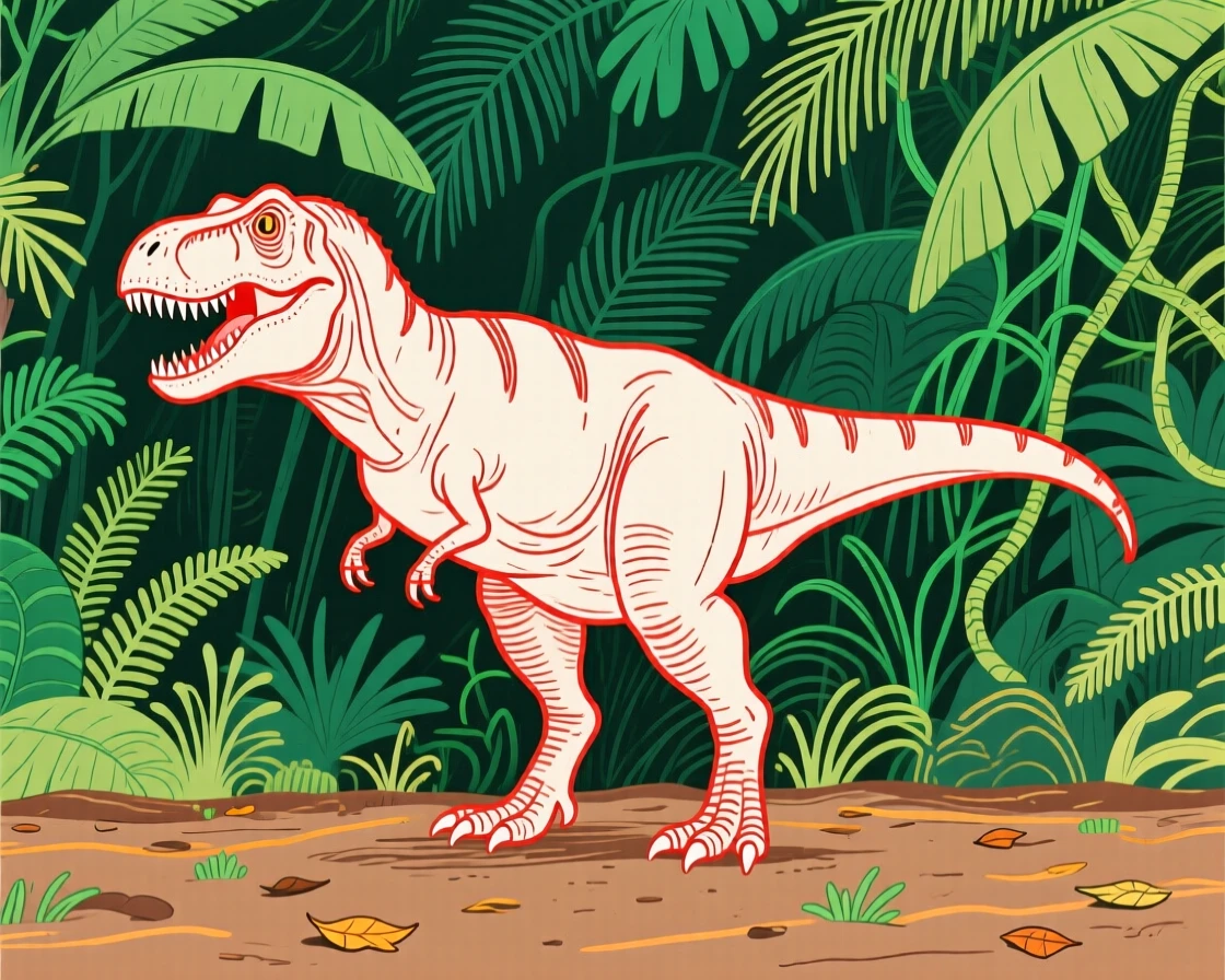 A Tyrannosaurus rex standing at the edge of a dense jungle.