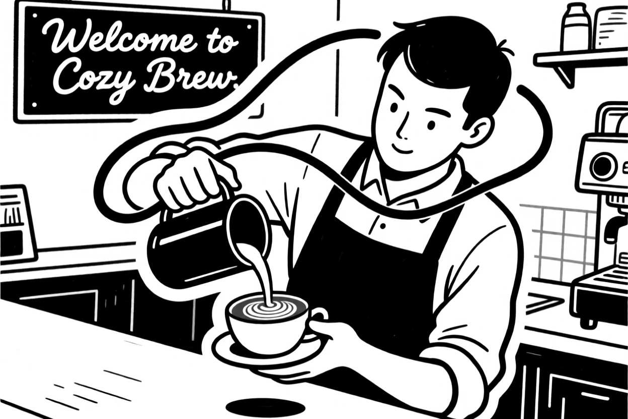 A barista carefully pouring latte art in a cozy neighborhood coffee shop.