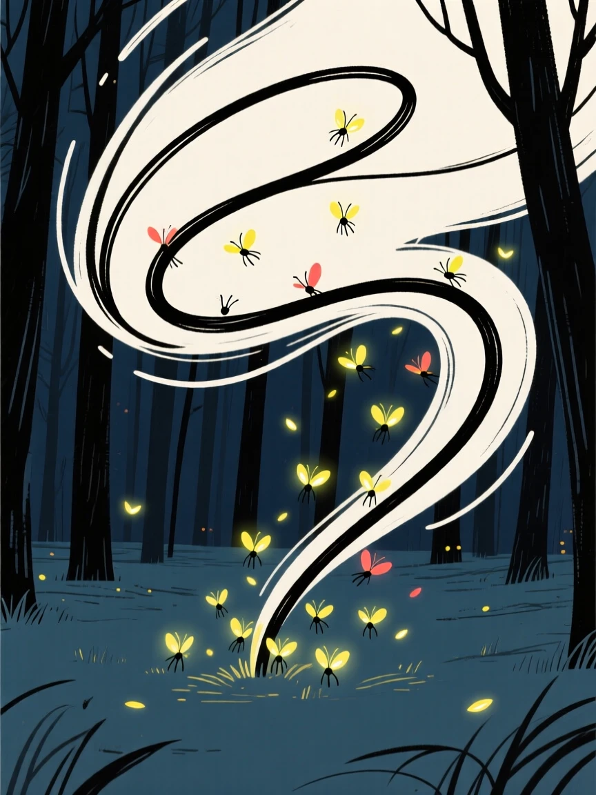 A cluster of fireflies lighting up a dark forest clearing.