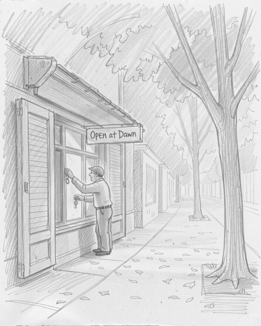 A shopkeeper opening the shutters at dawn, along a quiet tree-lined avenue, with golden morning light streaming through windows.