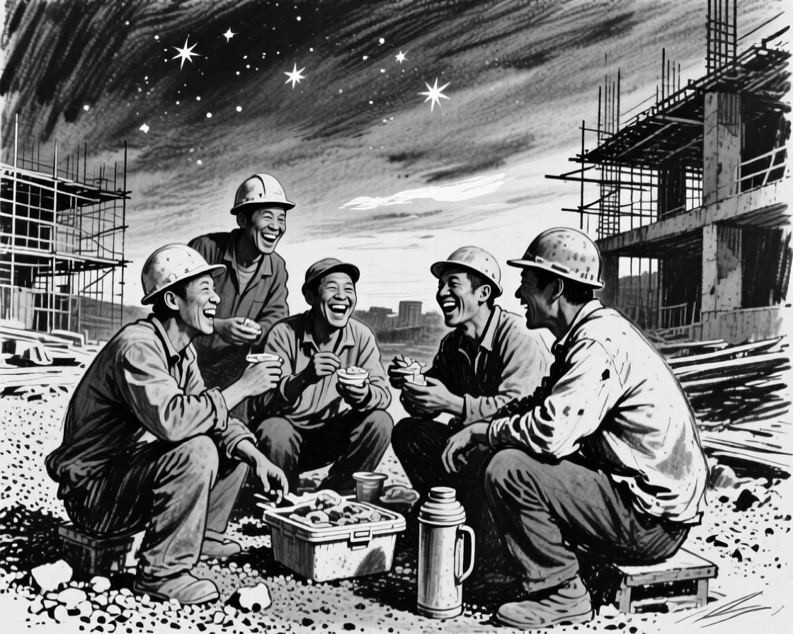 Workers sharing lunch break laughter at a construction site, as the first stars appear overhead.