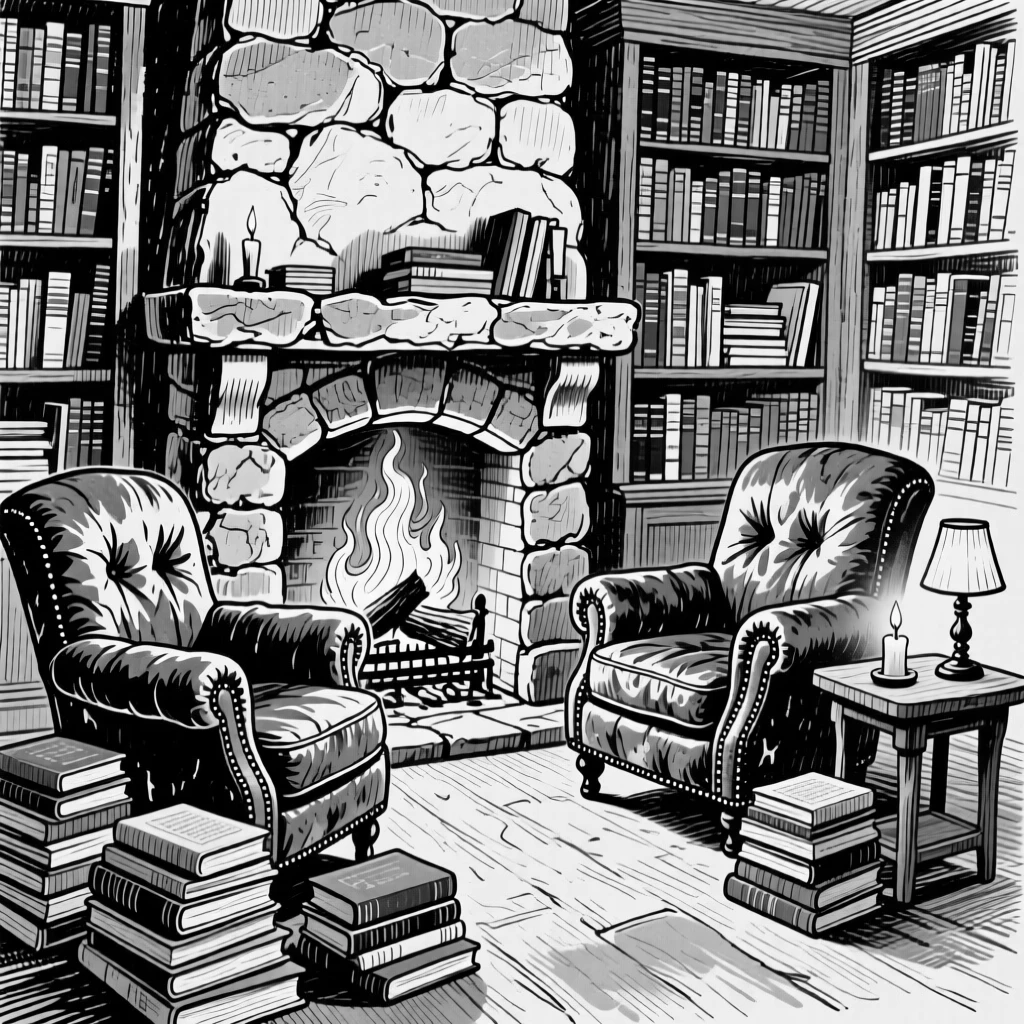 A cozy reading room with a fireplace, worn leather chairs, and stacks of books.