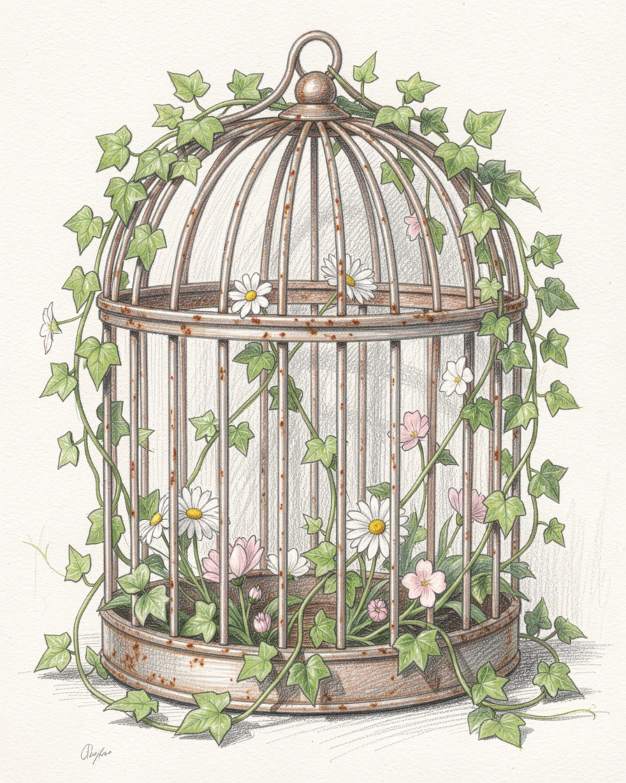 An antique birdcage filled with trailing ivy and small flowers, with a nostalgic, well-loved quality, full of storytelling character and warmth.