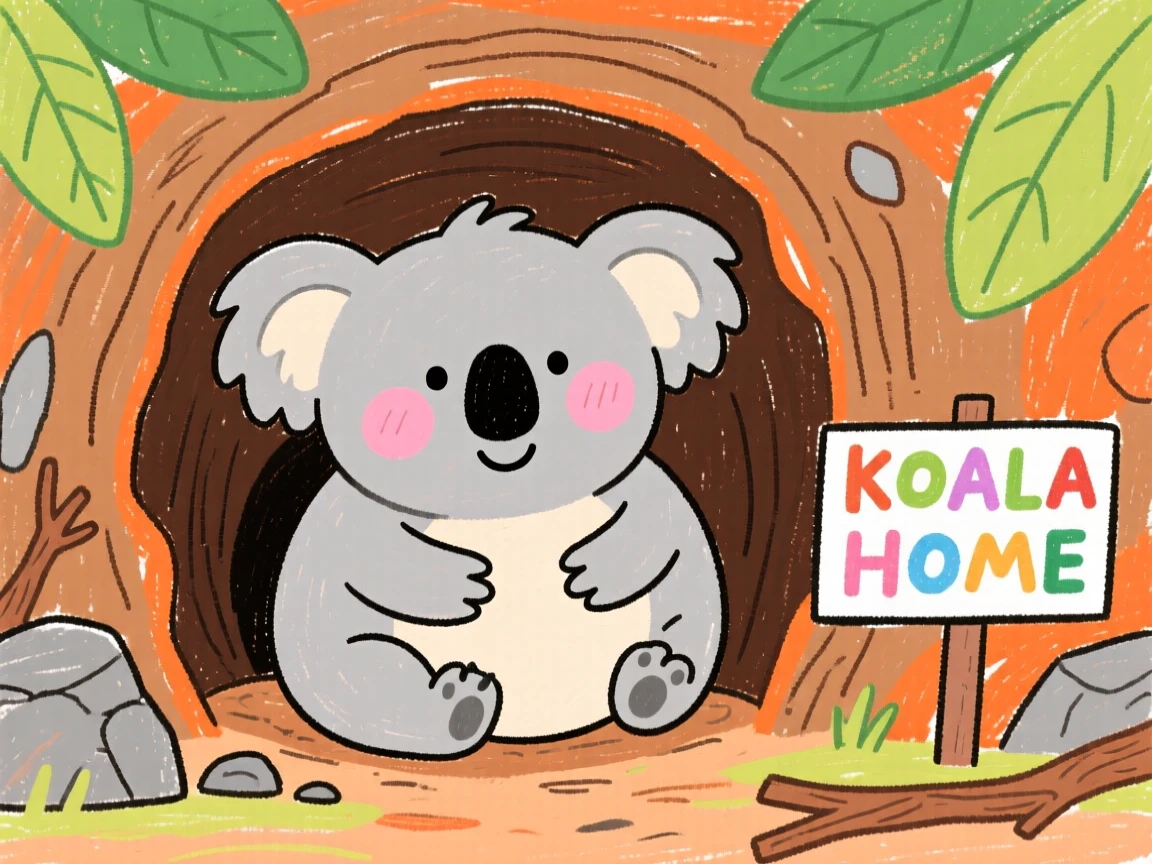 A plump koala joey snuggled inside a cozy burrow.
