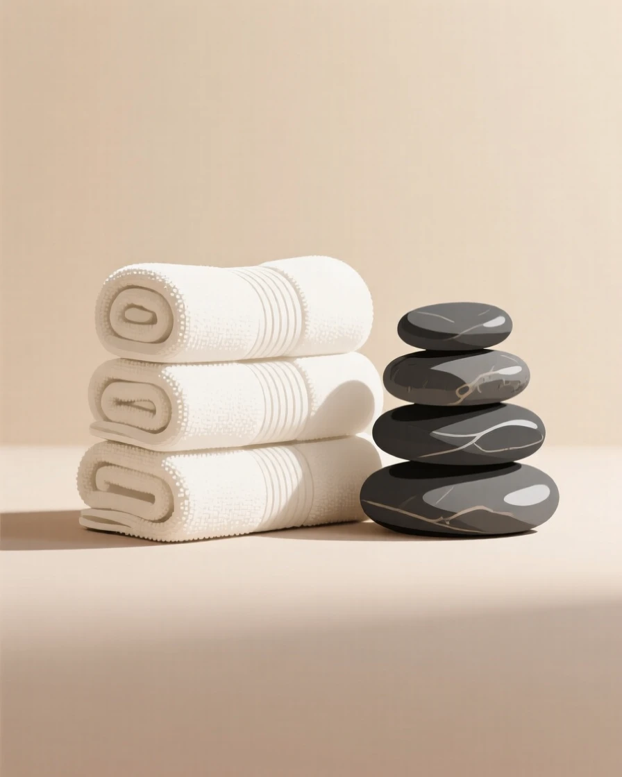 A stack of fresh towels rolled beside spa stones, set against a soft neutral backdrop, arranged symmetrically for a balanced, pleasing look, with a clean, elegant simplicity.