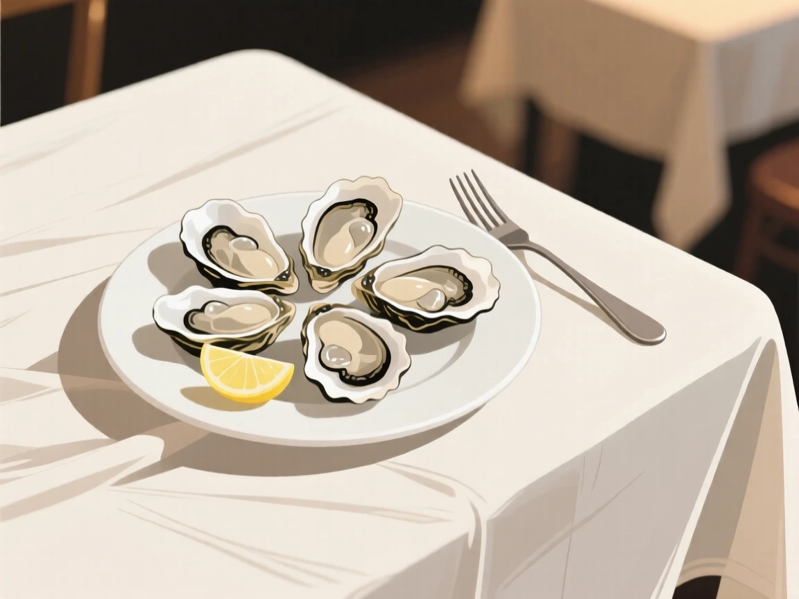 A plate of fresh oysters beautifully displayed on a linen tablecloth at a cozy cafe.