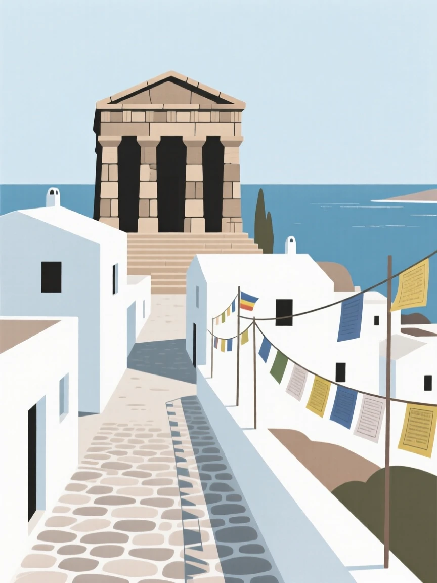 A journey through a coastal Mediterranean town toward an ancient stone temple, passing fluttering prayer flags, full of quiet discovery.