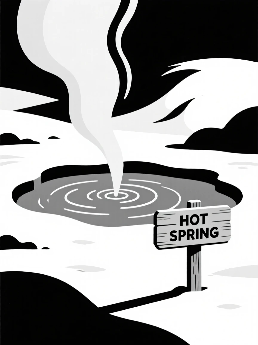 A hot spring steaming in a snowy landscape.