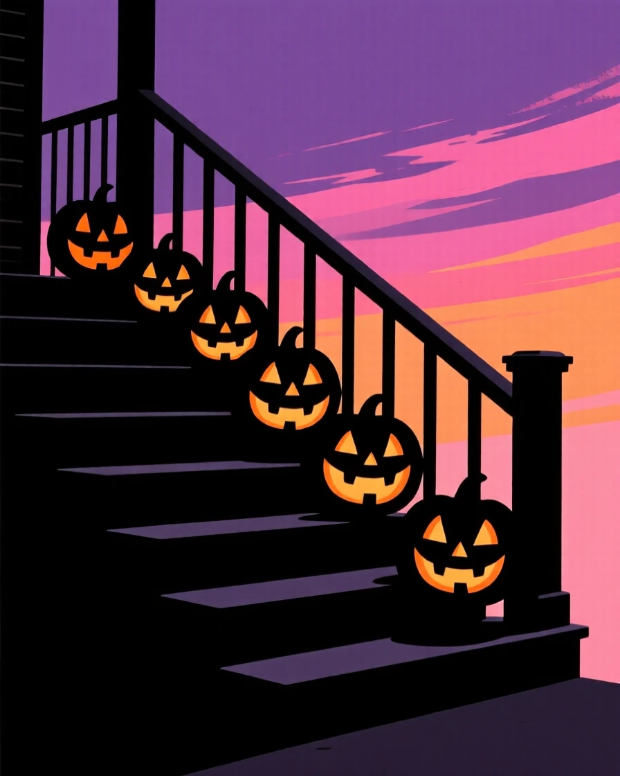 A row of glowing jack-o-lanterns lining a dark porch staircase.