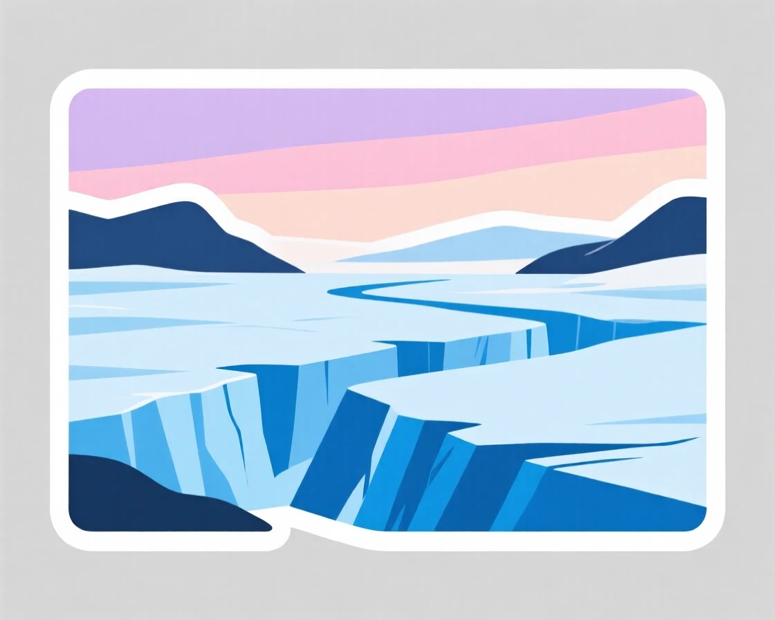 An idyllic glacier field with icy blue crevices, under a sky painted in pastel colors, untouched and wonderfully quiet.