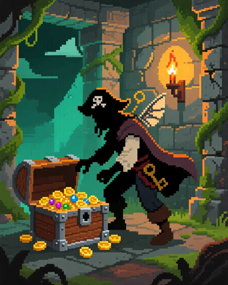 A sky pirate opening a treasure chest in a torch-lit room, inside an overgrown ancient temple.