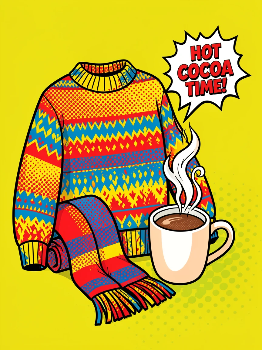 A knit sweater and scarf beside a steaming mug of cocoa