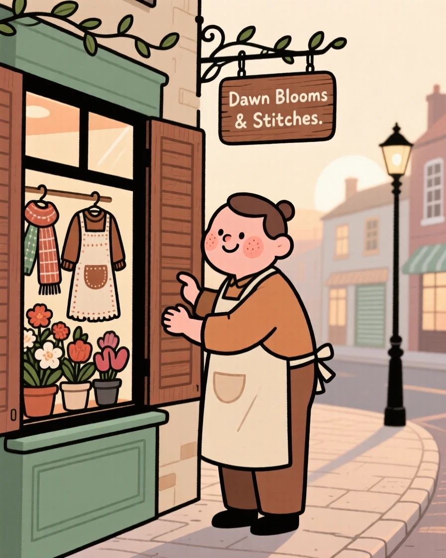 A baker opens the shutters of a small flower shop at dawn, arranging hand-stitched garments in the window as the street slowly wakes up.