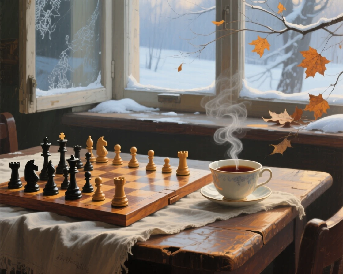 A balanced composition of a wooden chessboard mid-game beside a cup of tea, in deep winter, amid swirling autumn wind.