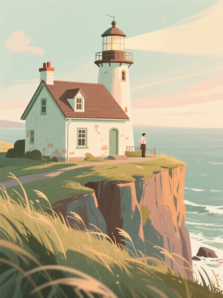 A lighthouse keeper's cottage perched on a windswept cliff edge