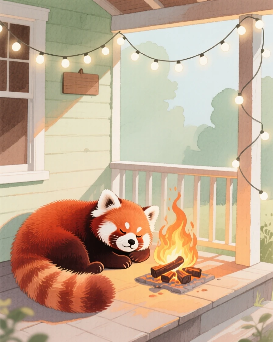 A red panda dozes beside a warm hearth in a sunlit cottage porch, with a string of fairy lights glowing above