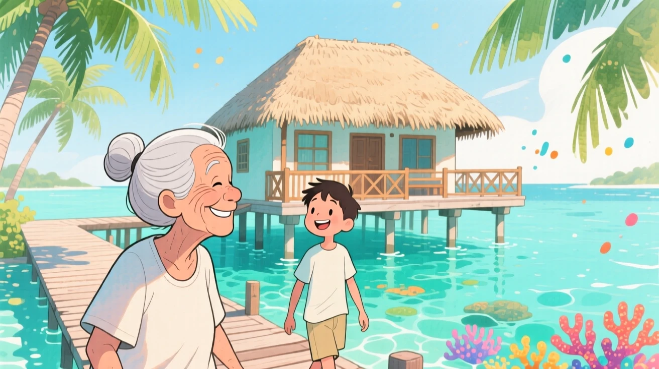 An elderly local shares a warm smile with a passerby amid the turquoise waters surrounding a Maldives overwater bungalow, inspiring a dream of far-off horizons.