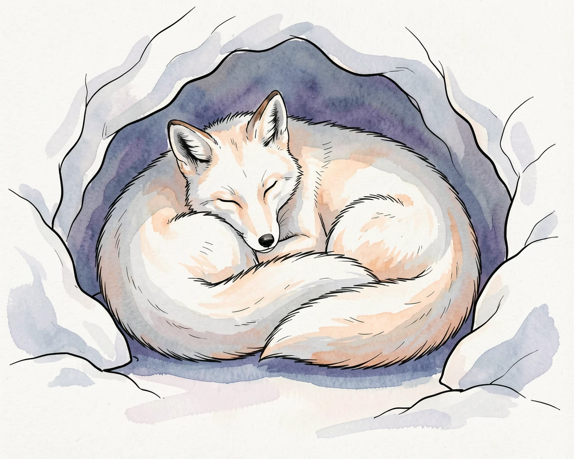 A pair of arctic foxes curled together in a snowy den, soft shadows stretching long across the ground.