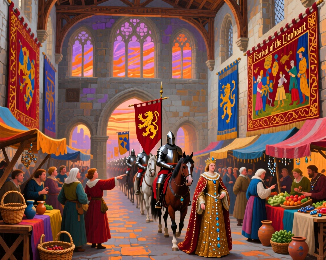 Within a grand hall decorated with tapestries, a bustling medieval marketplace filled with merchants, townsfolk gathering to watch a passing procession, beneath a sky streaked with the colors of sunset.