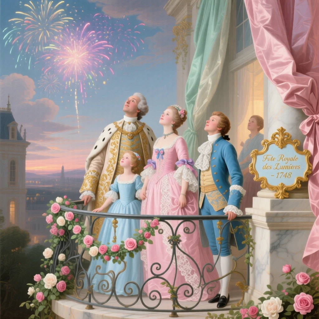 A royal family watching fireworks from a balcony during a festival  
