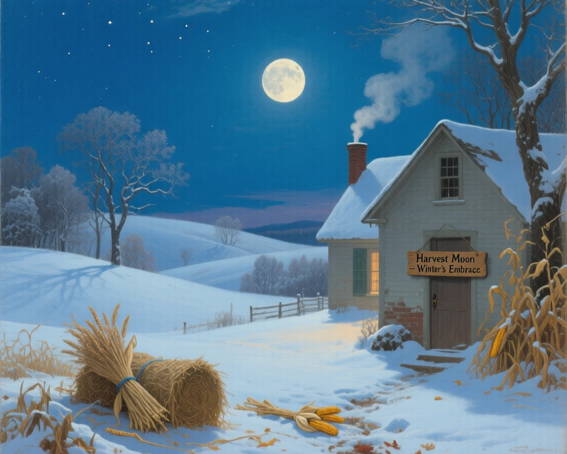 A harvest moon falls softly over a quiet farmhouse in deep winter as the harvest moon rises.