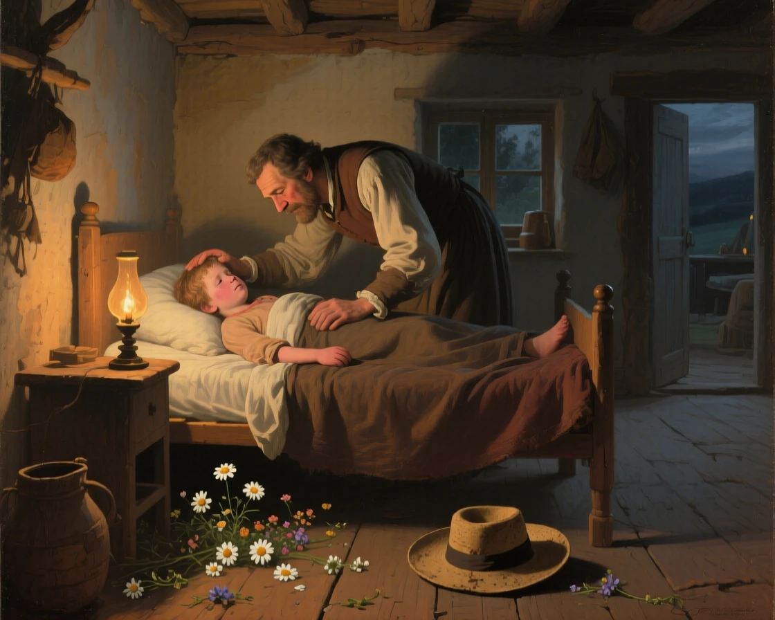 A physician tending to a feverish child through the night in a gesture that speaks louder than words, set within a modest cottage lit by a single lamp, with scattered flowers and a fallen hat marking the moment; diagonal light spills across the reunited figures, isolating them from the crowd, aching with bittersweet longing and hard-won joy.