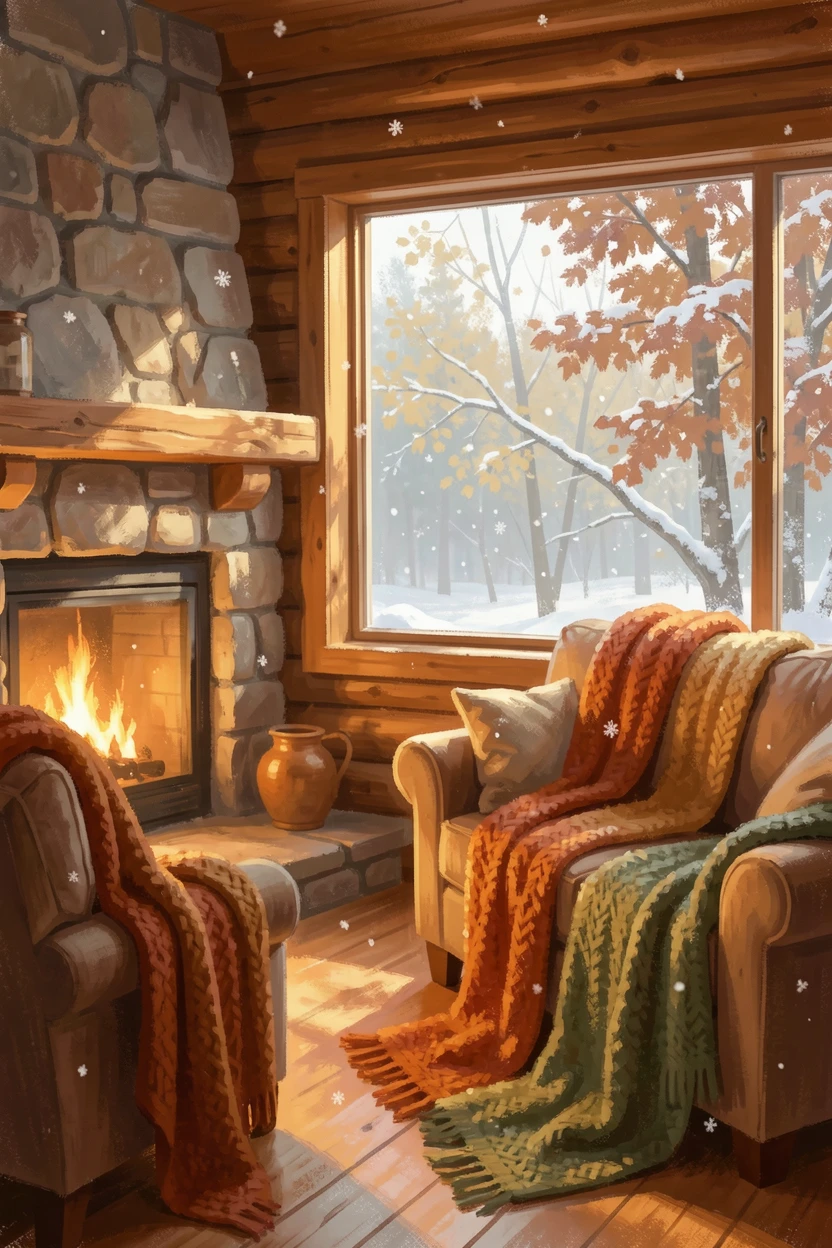 A cozy cabin living room with a stone fireplace, knitted blankets, and snow falling softly outside the window, in the golden days of autumn, filled with warmth and nostalgia.