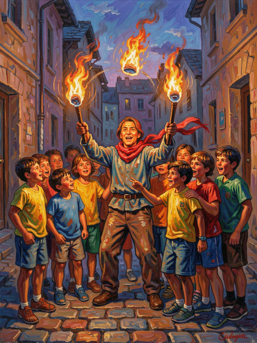 Children gathered around a street performer juggling flaming torches at dusk.