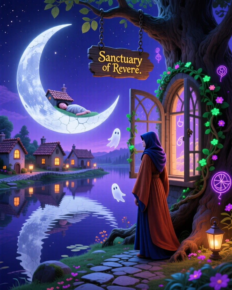 A crescent moon cradling a small sleeping village in its curve reflects perfectly in the calm waters of a hidden lake, while a lone traveler watches from an open window.
