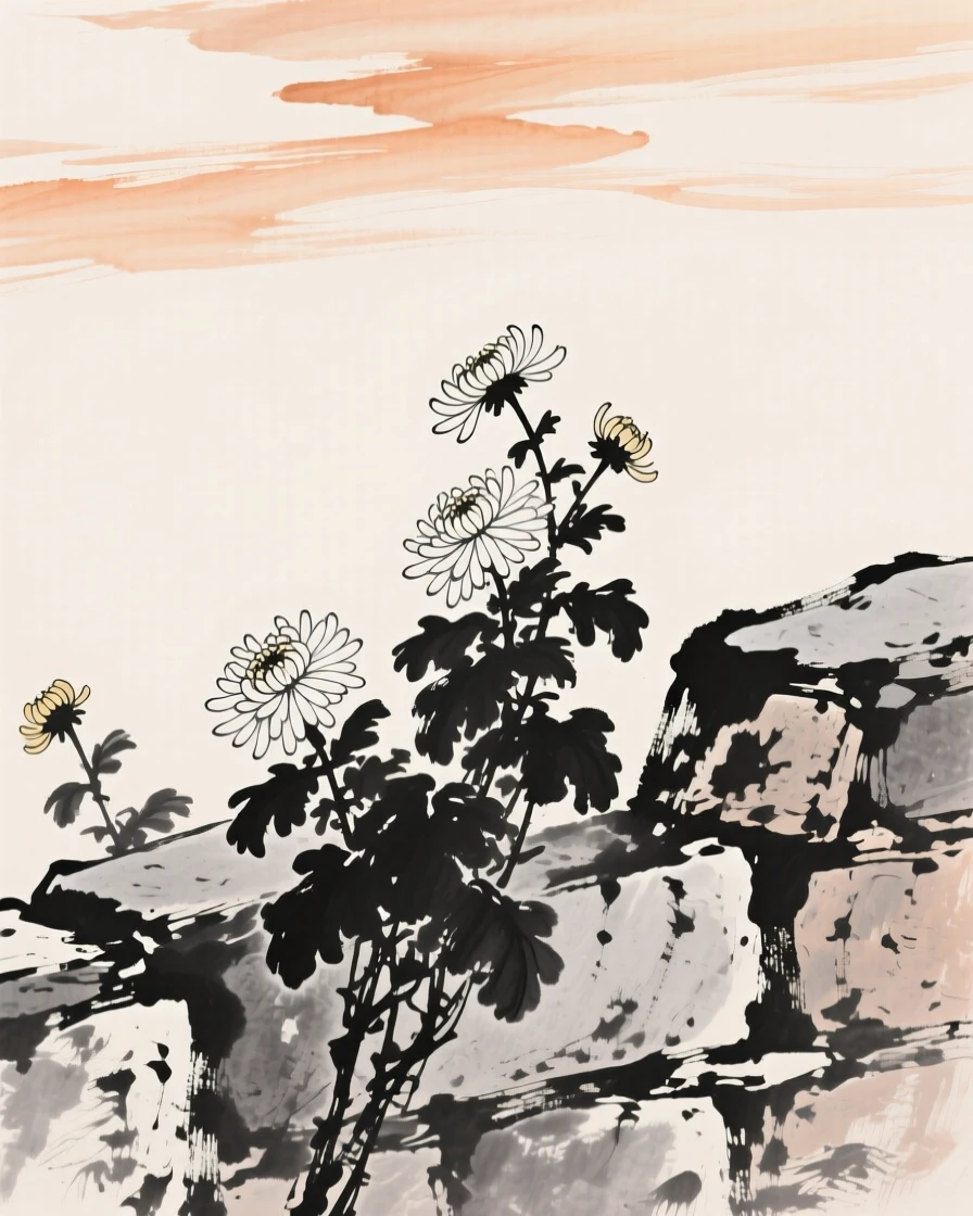 A cluster of chrysanthemums grows beside a rustic stone wall, beneath a sky streaked with the colors of late autumn.