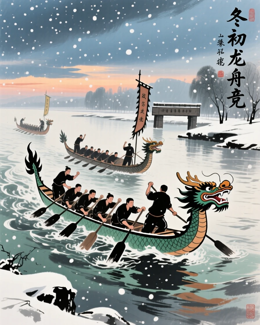 A dragon boat race with rowers straining against a swift river current, under the first snow of winter, at dusk, full of quiet reverence.