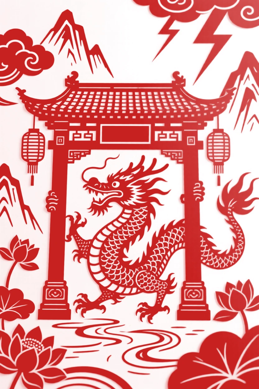 A river dragon king, guarding the gate of a hidden mountain temple, as thunder rumbles across distant peaks.