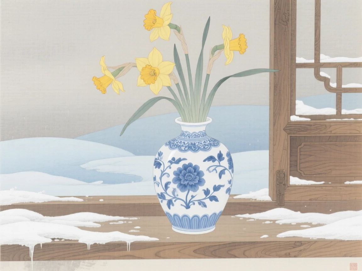 Daffodils pushing up through late winter snow in a porcelain vase on a wooden windowsill